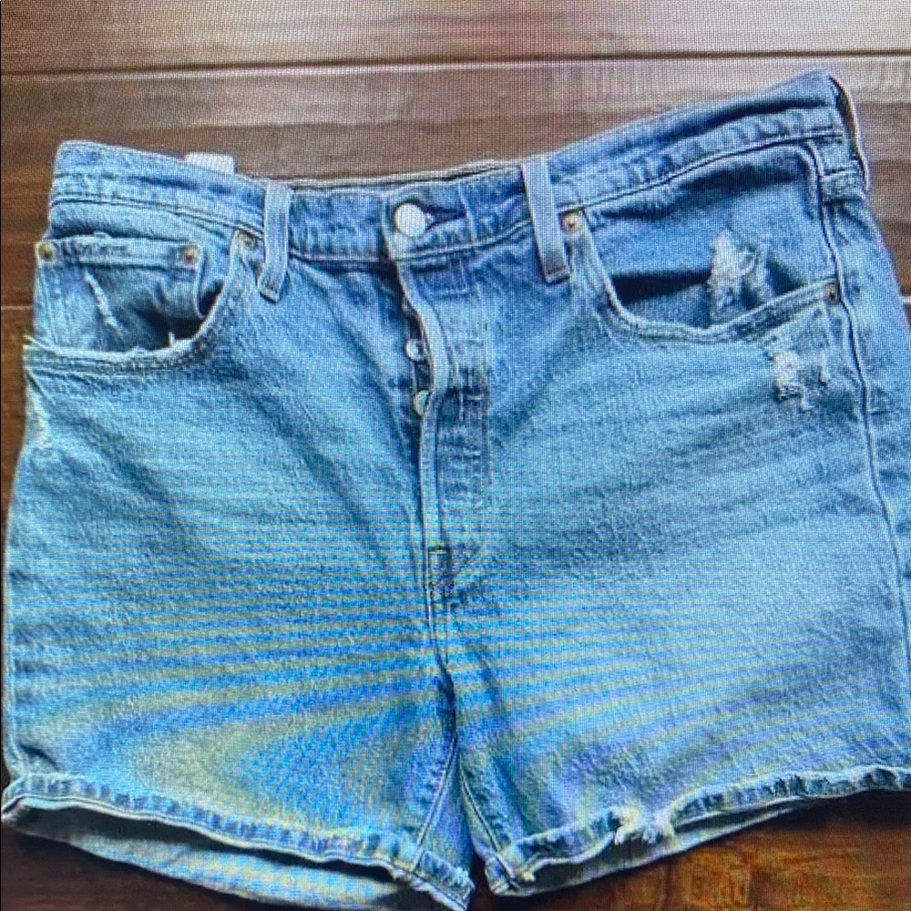 Women's High-Waist Distressed Denim Athletic Shorts - Light Blue